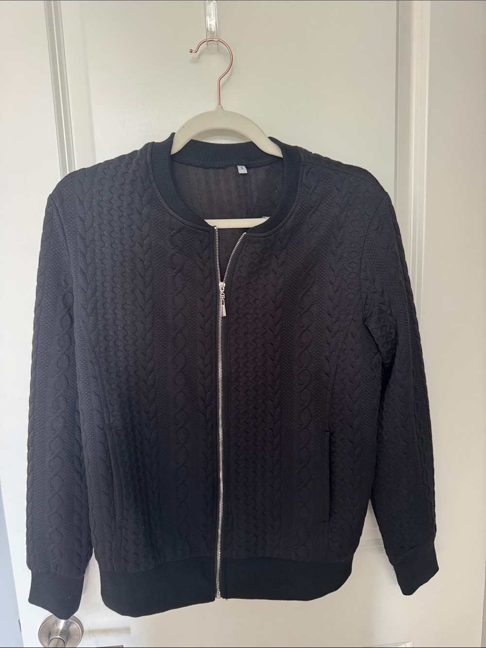 Black Cable Knit Zip-Up Bomber Jacket
